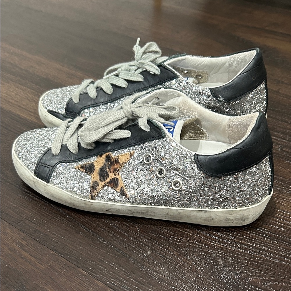 Golden Goode Silver Glitter Sneakers with Leopard Star
